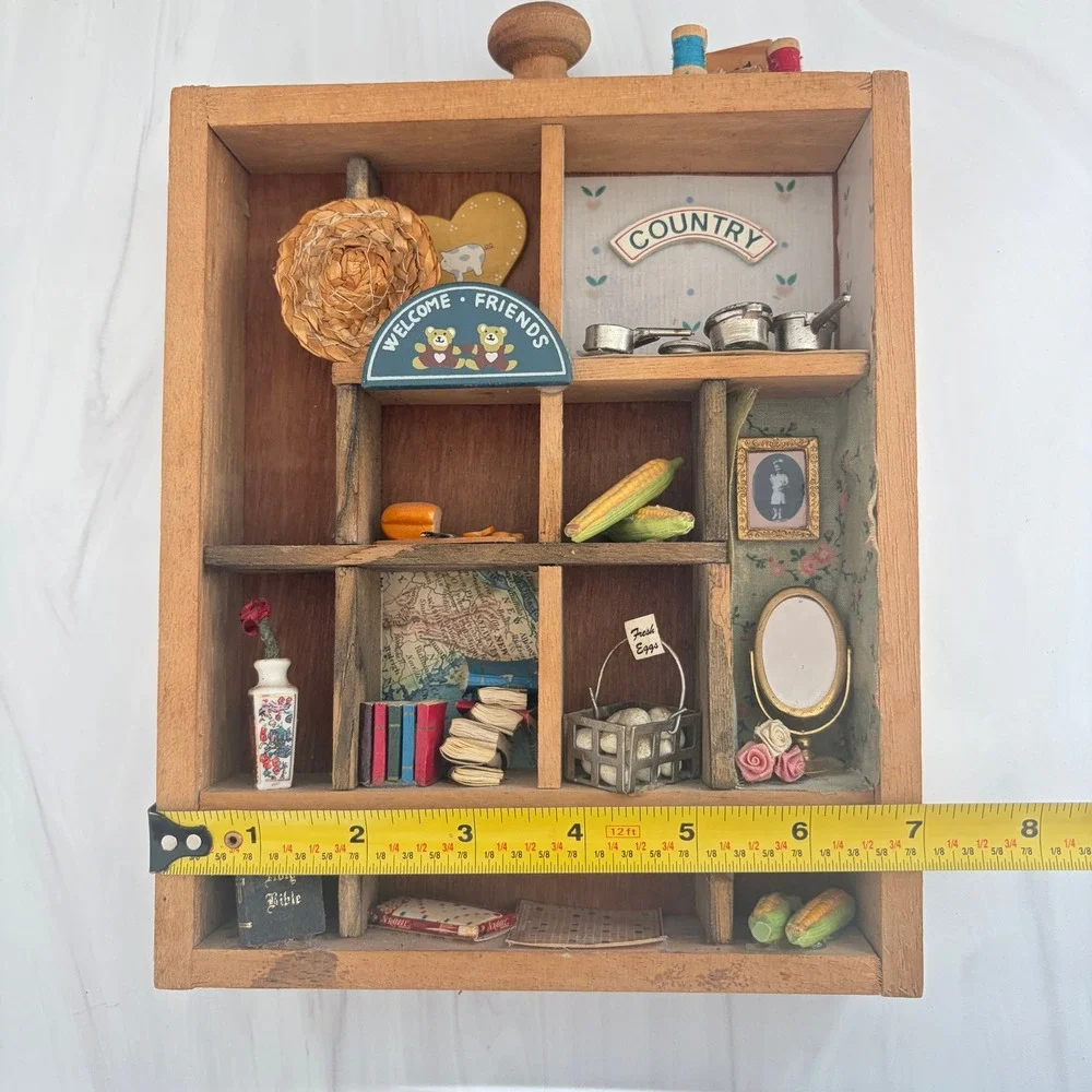 Vintage Wooden Shadow Box Miniature Country Kitchen Diorama Wall Hanging 8.5x7in